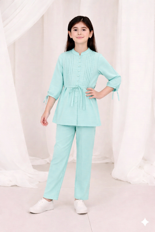 2-Piece Co-ord Set for Kids - Belted Design Long Shirt + Trouser (FL-KBD005)