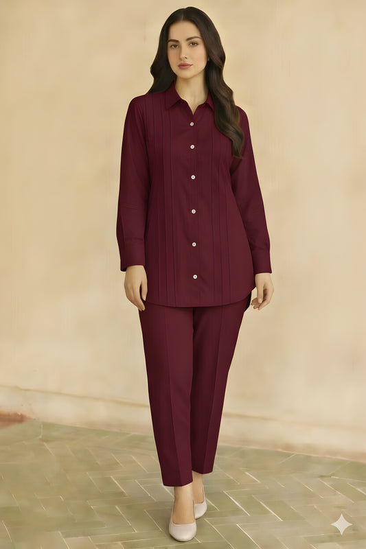 Maroon Co-Ord Set - Long Shirt + Trouser Two Piece Outfit (FL-WS002)