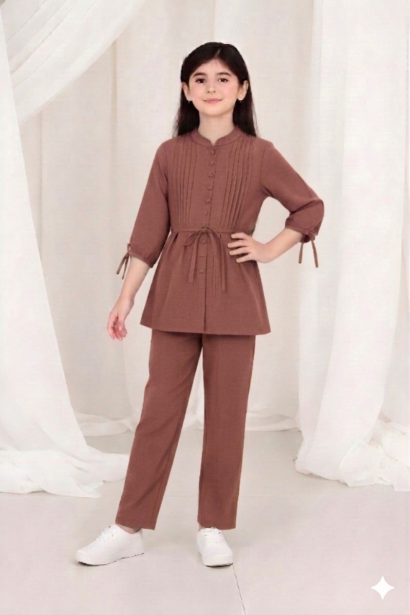 2-Piece Co-ord Set for Kids - Belted Design Long Shirt + Trouser (FL-KBD008)