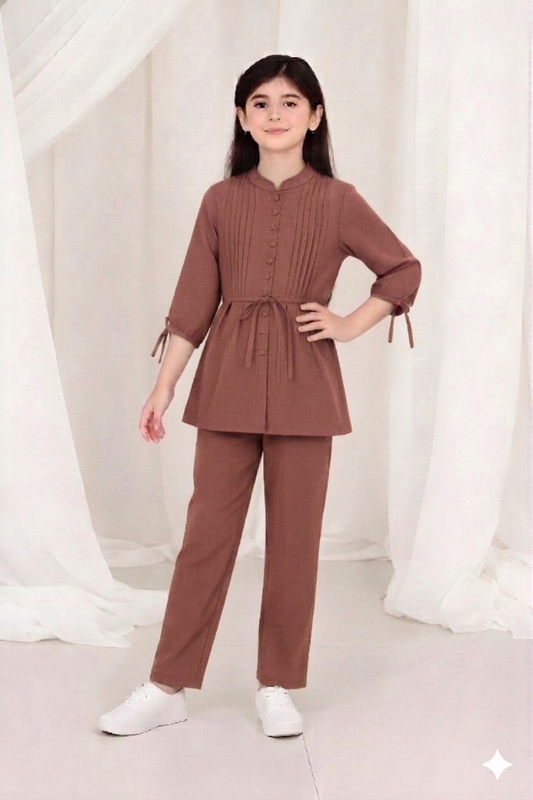 2-Piece Co-ord Set for Kids - Belted Design Long Shirt + Trouser (FL-KBD008)