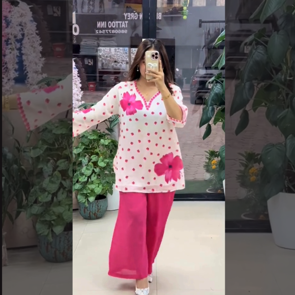 Chiffon Long Pink Floral Printed Kurti Set | Swag Edition (FL-PF002)